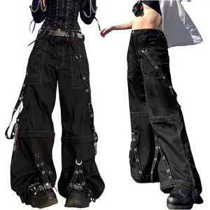 Women's Gothic Punk Wide-Leg Cargo Pants, Black Denim with Chain & Buckle Details, Loose-Fit Edgy Streetwear Trousers with Pockets for Alternative Fashion & Daily Wear