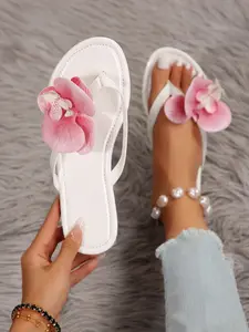 Women's Round Toe Butterfly Flower Flip Flops One-Piece Beach Vacation Casual Open Toe Flat Sandals