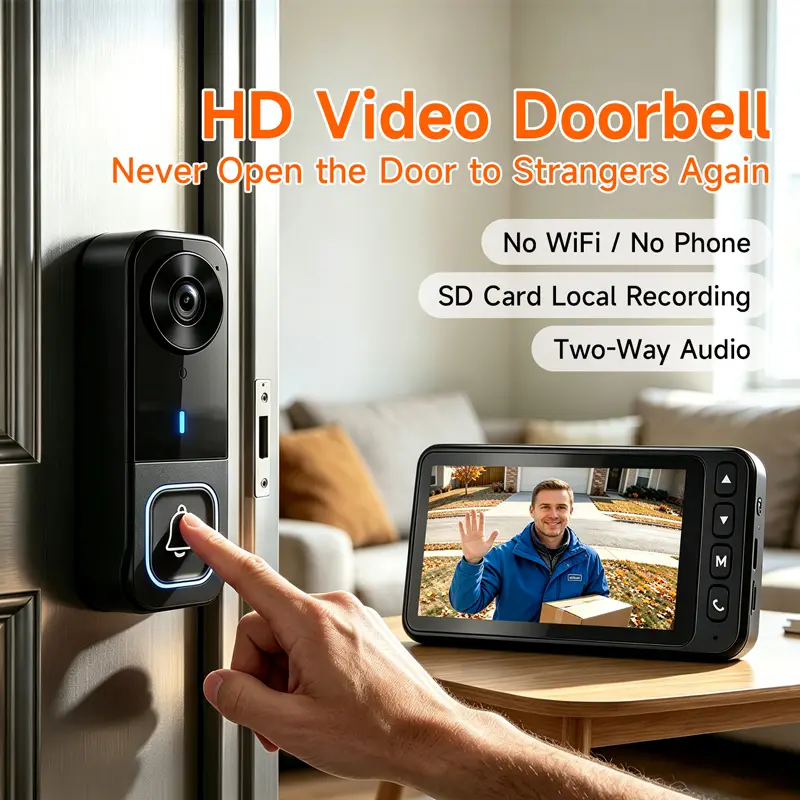 HD Video Doorbell - SD Card Local Recording, 2-Way Audio, No WiFi/No Phone Needed - Home Security Device, Ideal Gift for Parents (Great for Christmas Gifting)