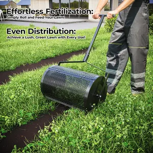 Heavy Duty Compost Spreader 24-Inch, Adjustable Handle with Metal Roller for Even Spreading of Peat Moss, Manure, Topsoil, Mulch & Grass Seed, Rust-Proof Lawn & Garden Fertilizer Applicator