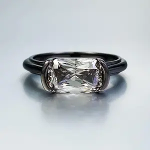 S925 Sterling Silver Black Golden Radiant Cut Rectangular Ring 6*9mm 6A Cubic Zirconia Ring-348