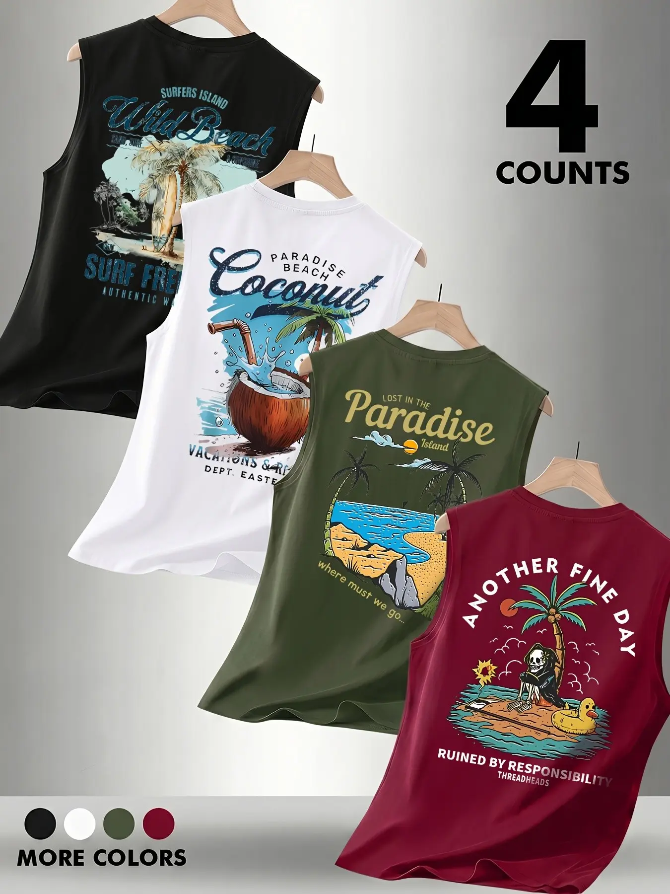4 Pack Men's Graphic Tank Tops Retro Vintage Tropical Beach Palm Tree Coconut Print Sleeveless T-Shirts Summer Casual Oversized Breathable Blend Tank Tops for Men Surf Streetwear Vacation Fitness Workout Gym Tops