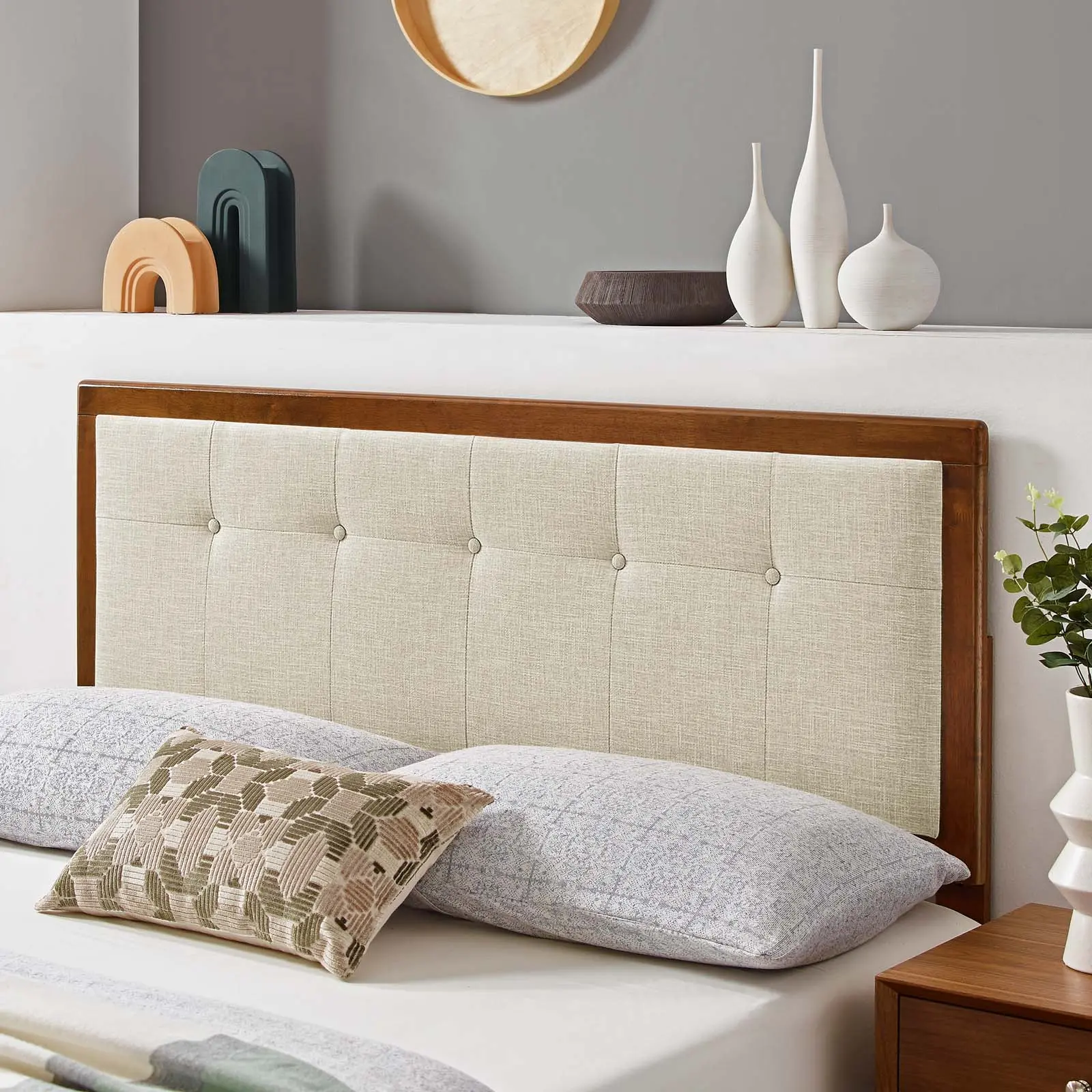 Modway Draper Tufted Full Fabric Upholstered Headboard - Walnut Beige Modern Wooden Beige Linen Wood Headboard for Bedroom Decor, Furniture for Bedroom, Modern Wooden Headboard