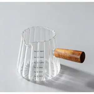 Premium Borosilicate Glass Creamer Pitcher with Wooden Handle| 180ml Heat-Resistant Coffee Milk Jug| 120°C Thermal Shock Resistant, No Cracking