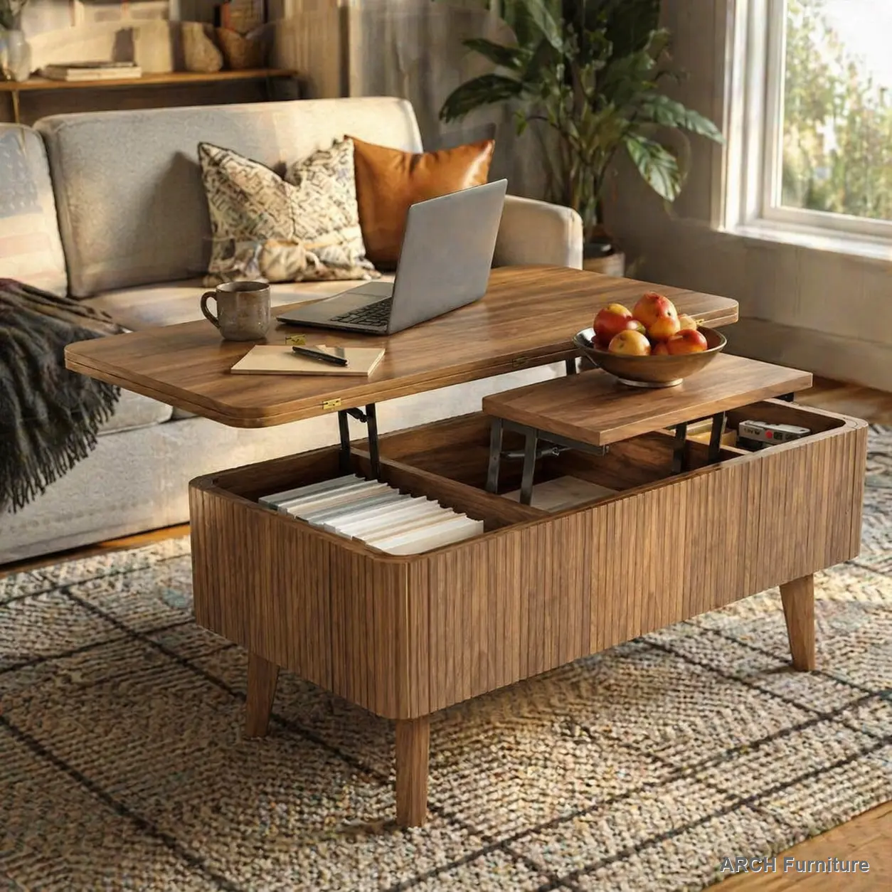 3-in-1 Lift Top Coffee Table - Oval Fluted Panel Walnut Wood Convertible Curved Elevated Modern Center Table with Hidden Compartment, Hydraulic Rod, Rustic Dining Surface for Small Living Spaces, Convertible Coffee Tables
