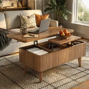 3-in-1 Lift Top Coffee Table - Oval Fluted Panel Walnut Wood Convertible Modern Center Table with Hidden Compartment, Hydraulic Rod & Rustic Dining Surface for Small Living Spaces