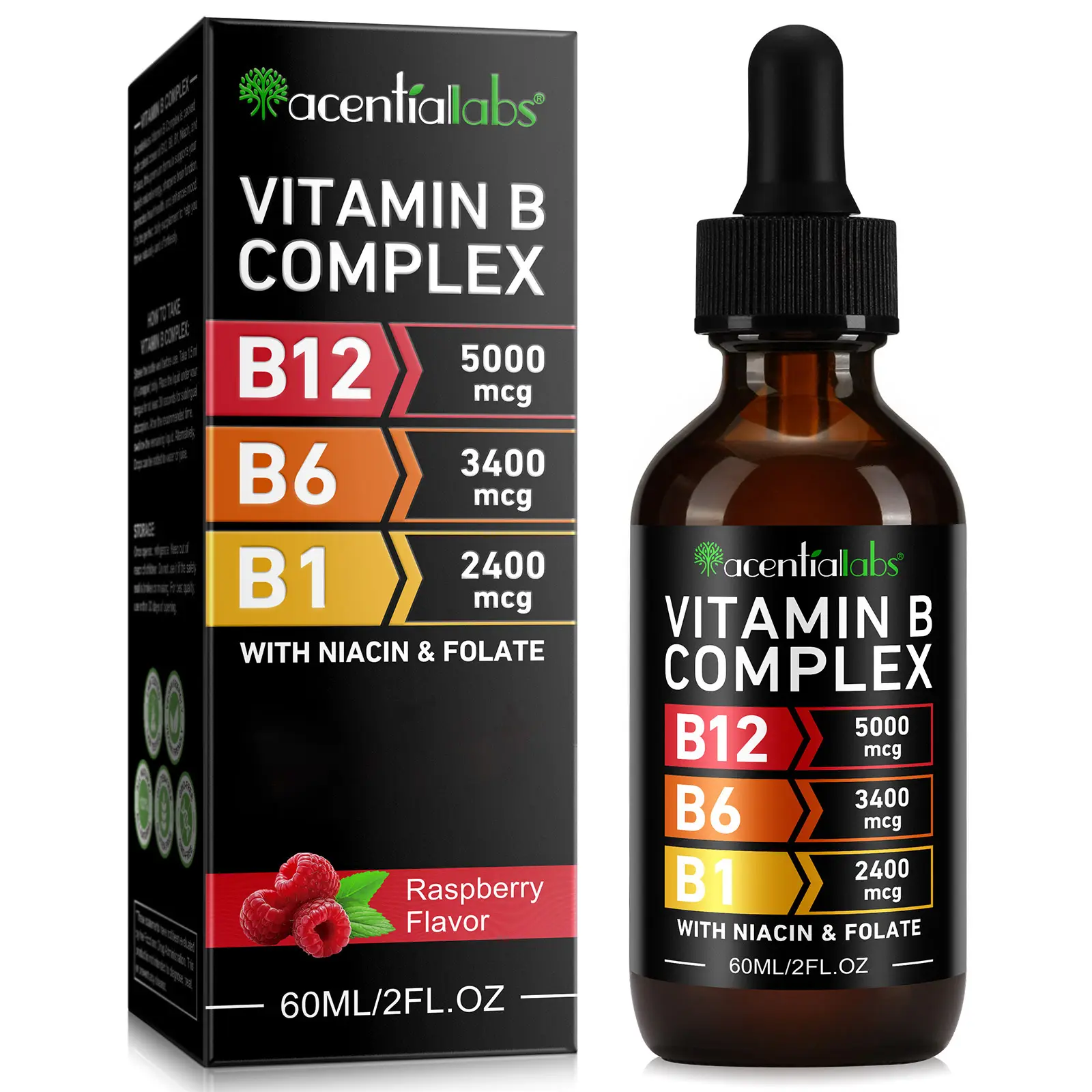 Acentiallabs Vitamin B Complex Liquid, Vegan B12 Liquid Drops 3400mcg & Vitamin B1 Drops 2400mcg for Healthy Metabolism Supplement Nutrition , 2 fl. oz