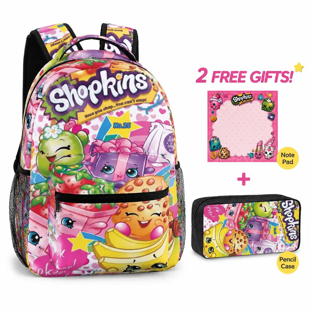 Kids Backpack Set, Polyester Shopkins School Bag with Anime Graphics, 1 Pencil Box, 1 Notebook & Side Pockets, Elementary Fit for Kids Travel