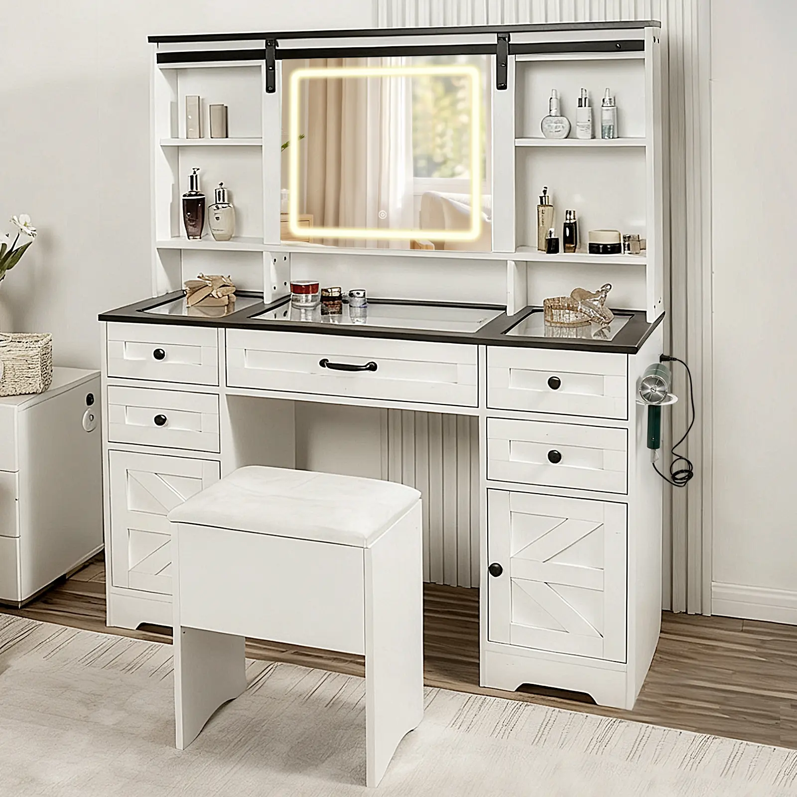 Modern LED Makeup Vanity Table, Glass Top Vanity with Sliding Barn Door, Outlet & Charging Station, 3-Color Lights, Multi-Drawer Organizer, Adjustable Storage Dresser for Bedroom, Adjustable Multi-Color Makeup Vanities