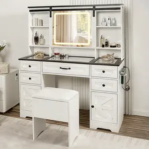 【 Multi-package + Free gift 】LED Vanity Table with Sliding Barn Door, Glass Top Makeup Desk with Outlet & Charging Station, 3-Color Lights, Multi-Drawer Organizer for Bedroom, Modern Adjustable Storage Dresser