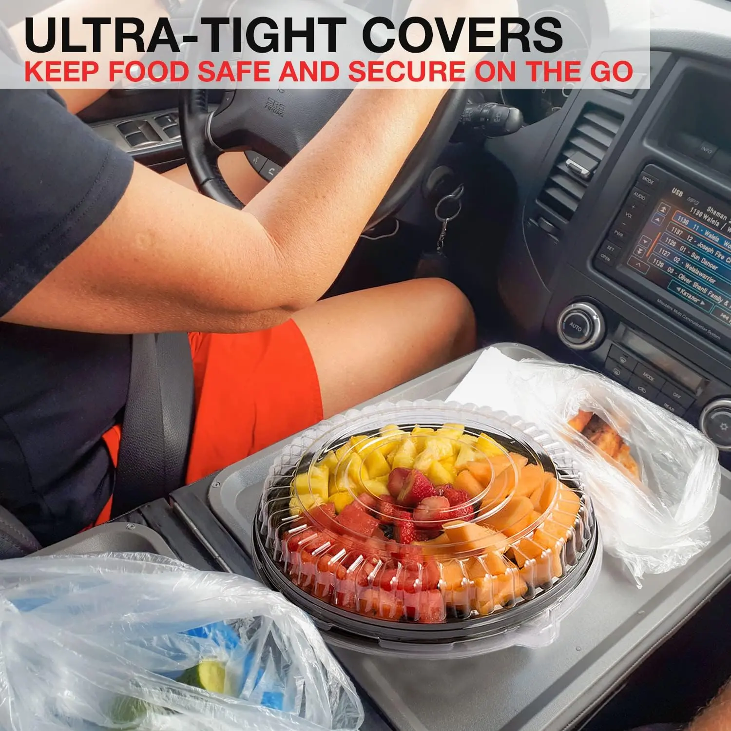 SADAS 12 Pack Black Plastic Serving Trays with Clear Lids 12 in Disposable Party Food Platters