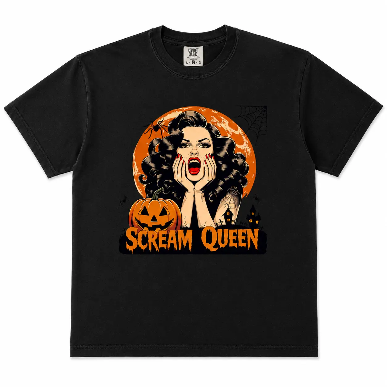 Scream Queen Halloween T-Shirt, Retro Pinup Pumpkin Spooky Graphic Tee, Comfort Colors 1717 Women’s Halloween Shirt