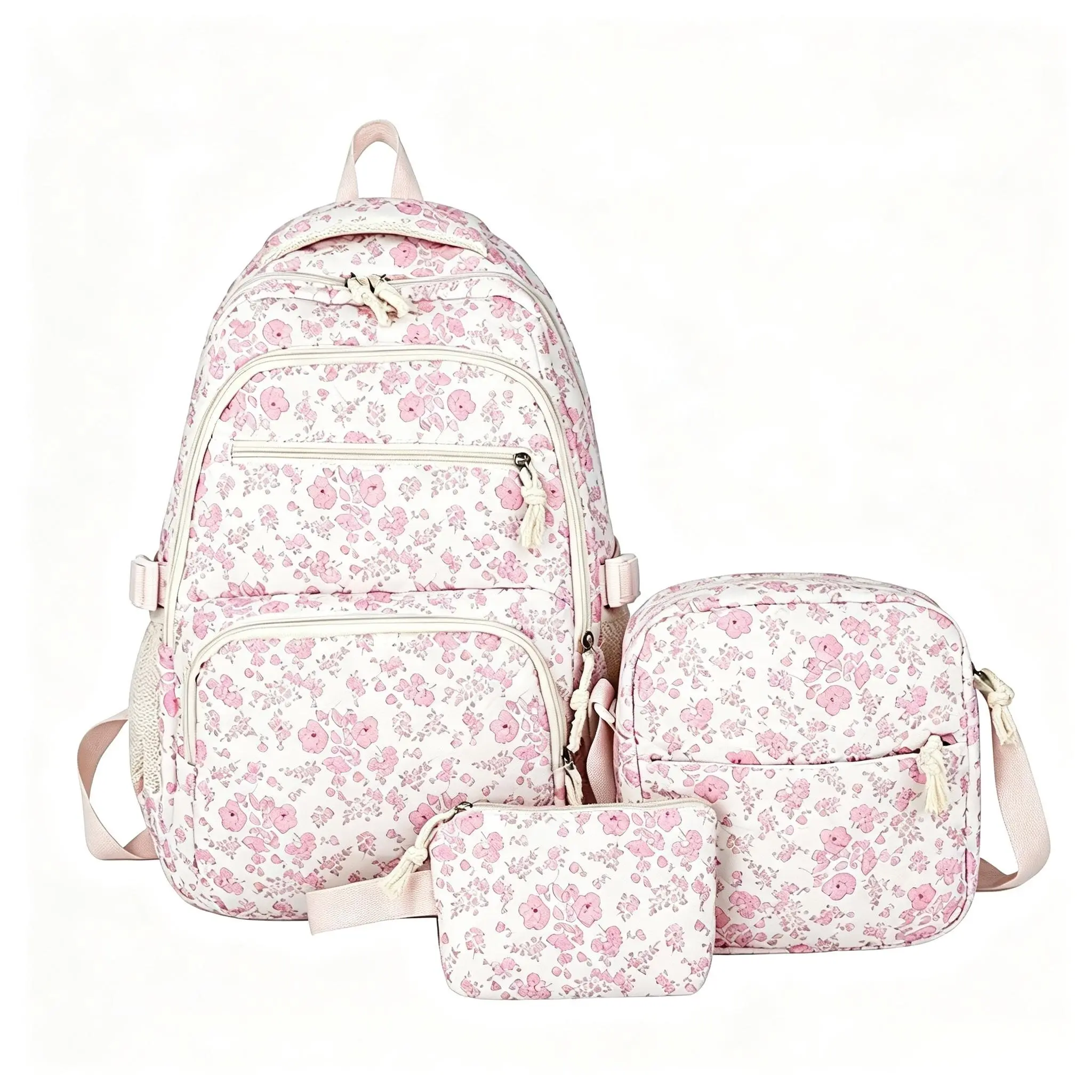 2026 Women Girls Pink Floral QuiltedBackpack Set, Large Capacity Multi-Layer Lightweight Casual Daypack,Complete Combo Includes HandheldLunch Tote Bag & Wrist Strap PencilPouch for School Travel Daily ShoppingOutdoor Use