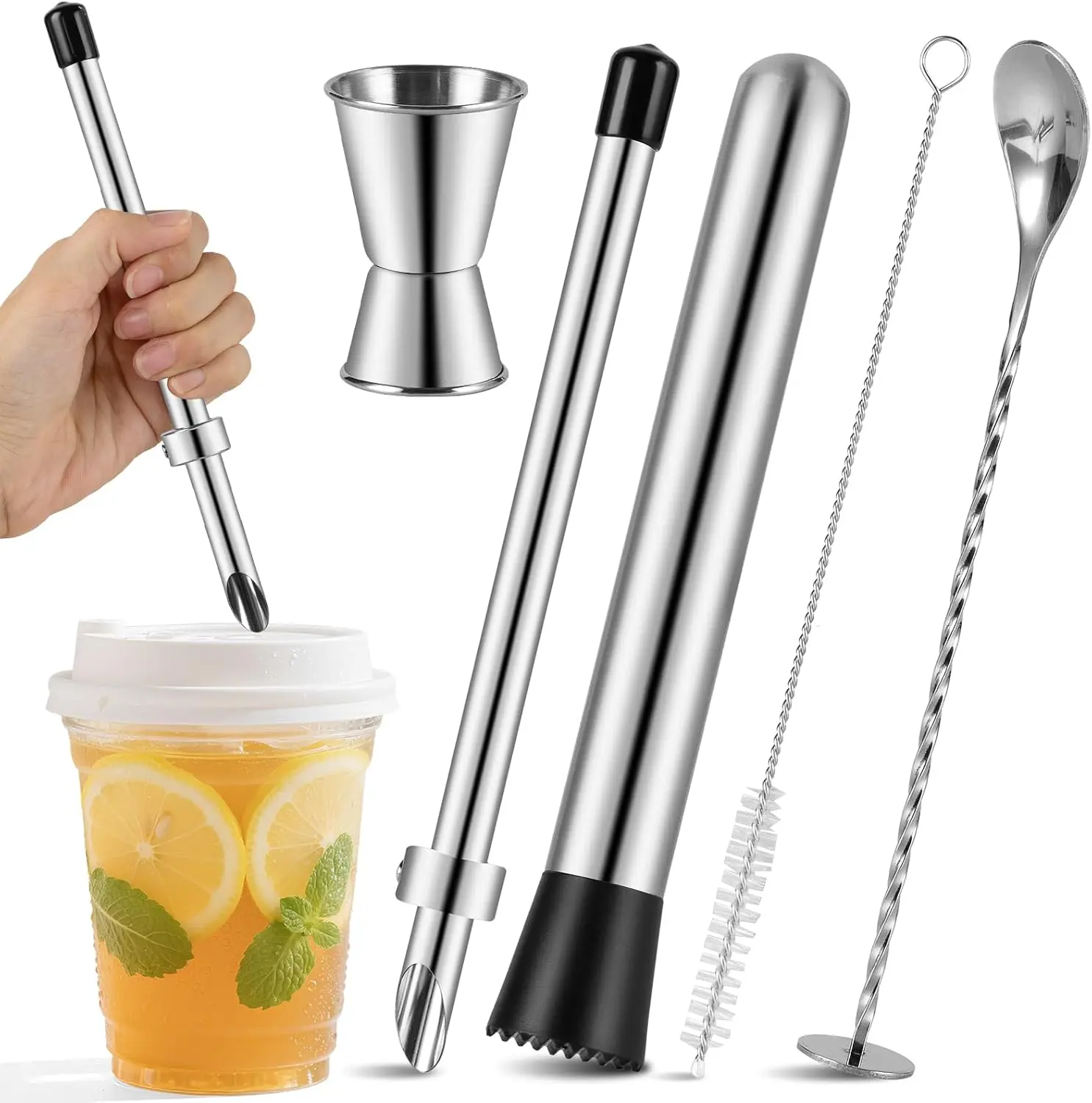 5Pcs Set Straw Puncher for Lemonade Plastic Lids Cups with Muddler, Bar Spoon, Jigger, 304 Stainless Steel Straw Hole Puncher