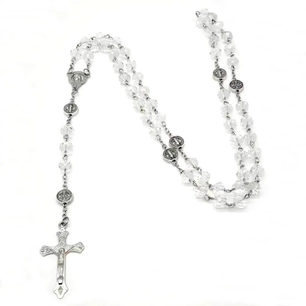 Crystal Bead Catholic Rosary Necklace - Cross Metal Crucifix Motif Pendant Choker, Long Chain Prayer Charm Jewelry, Car Accessories, Accessories for Women, Gifts for Girlfriend, Cross Metal Charms & Pendants, Crucifix Motif Charms & Pendants