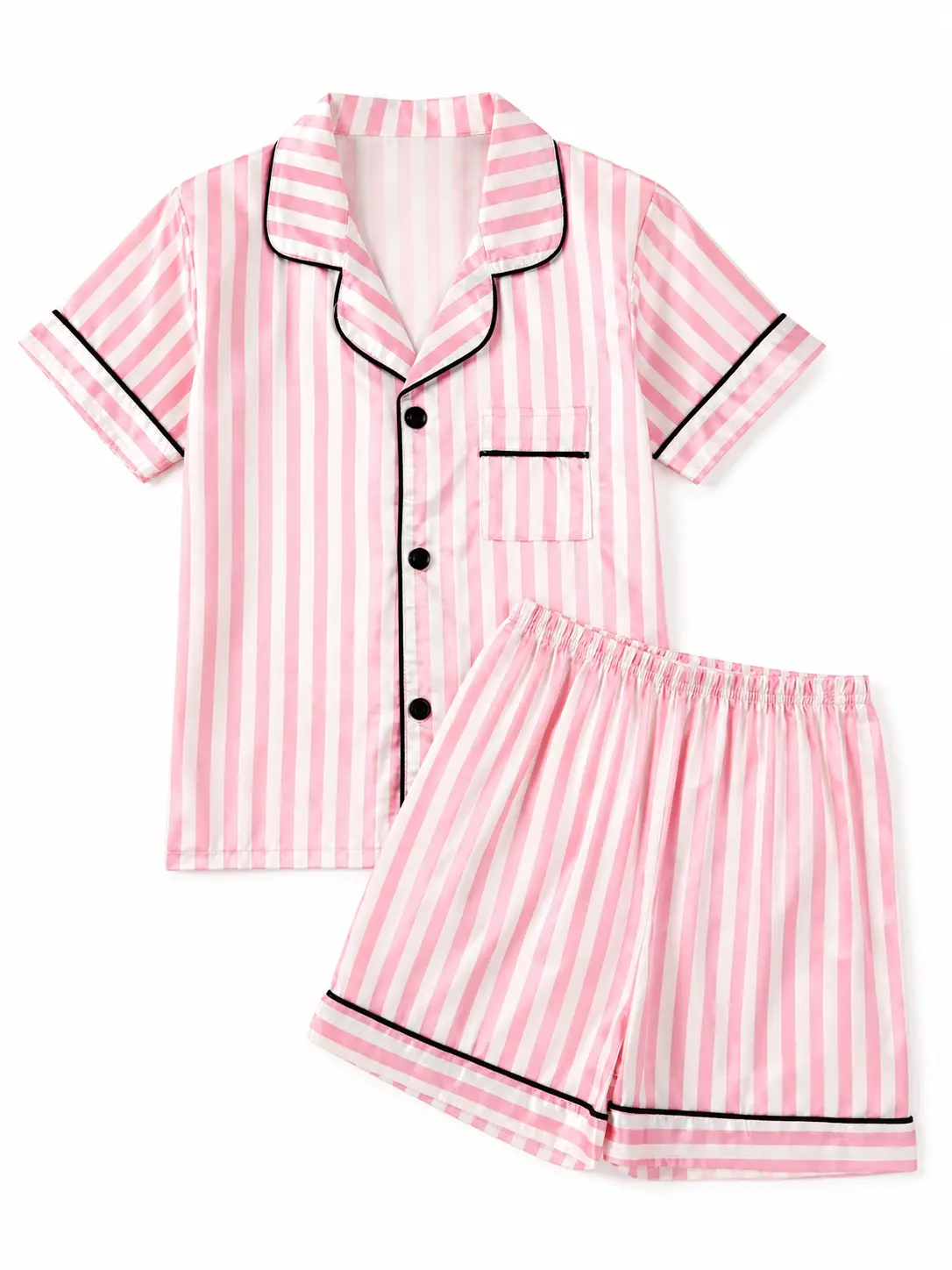 Girls Pink Striped Satin Pajama Set, Short Sleeve Button Down Top & Shorts, Silky 2 Piece Sleepwear for Kids 5-14 Years