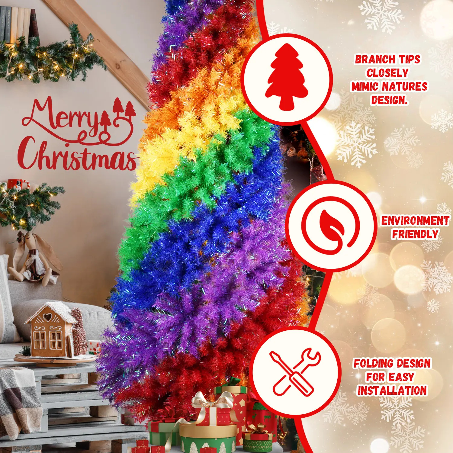 6ft Rainbow Spiral Christmas Tree, 1248 Branch Tips, Colorful PVC Artificial Holiday Tree with Unique Spiral Design, Full & Lush Shape, Sturdy Metal Stand for Indoor Christmas Decoration
