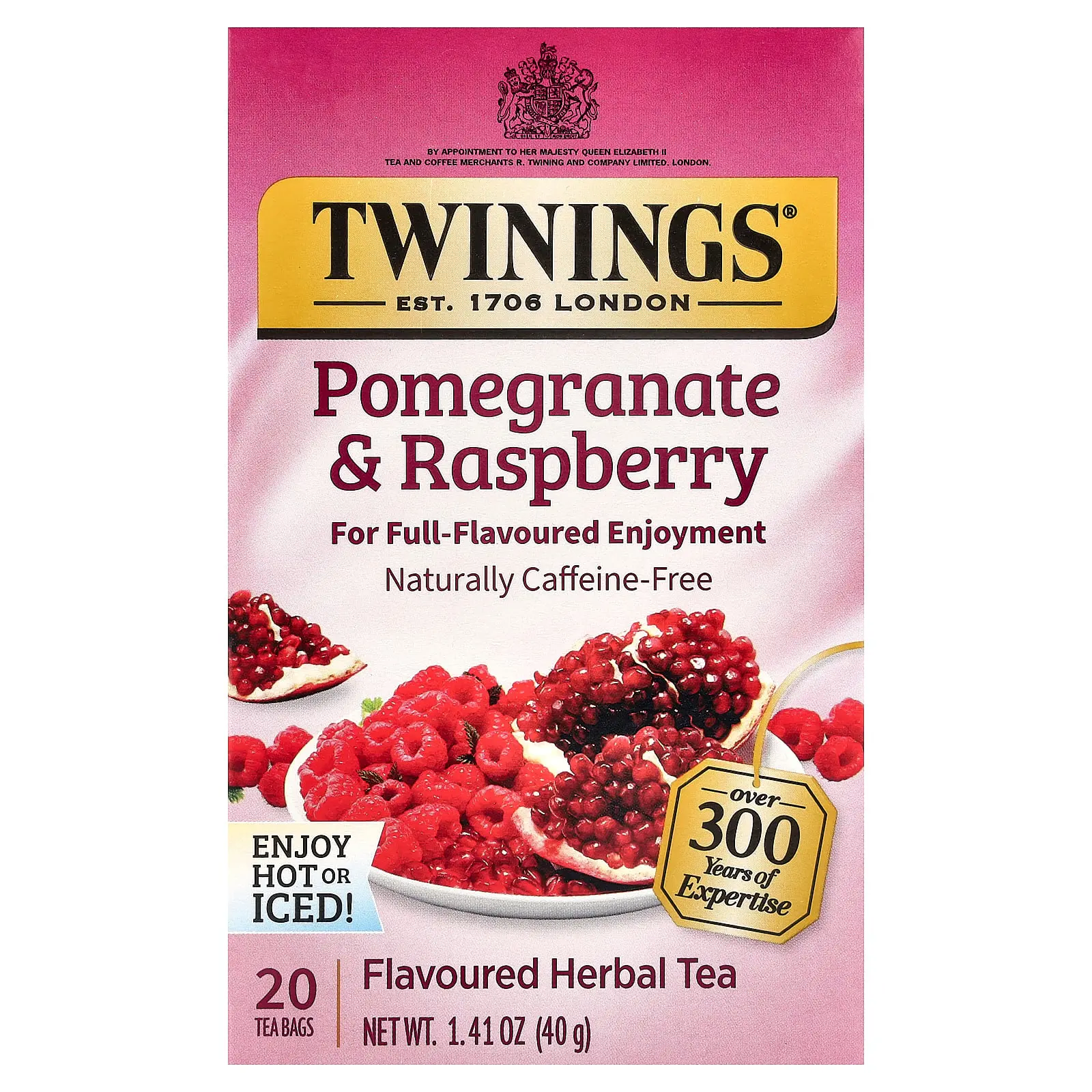 Twinings Flavored Herbal Tea, Pomegranate & Raspberry, Caffeine Free, 20 Tea Bags, 1.41 oz (40 g)