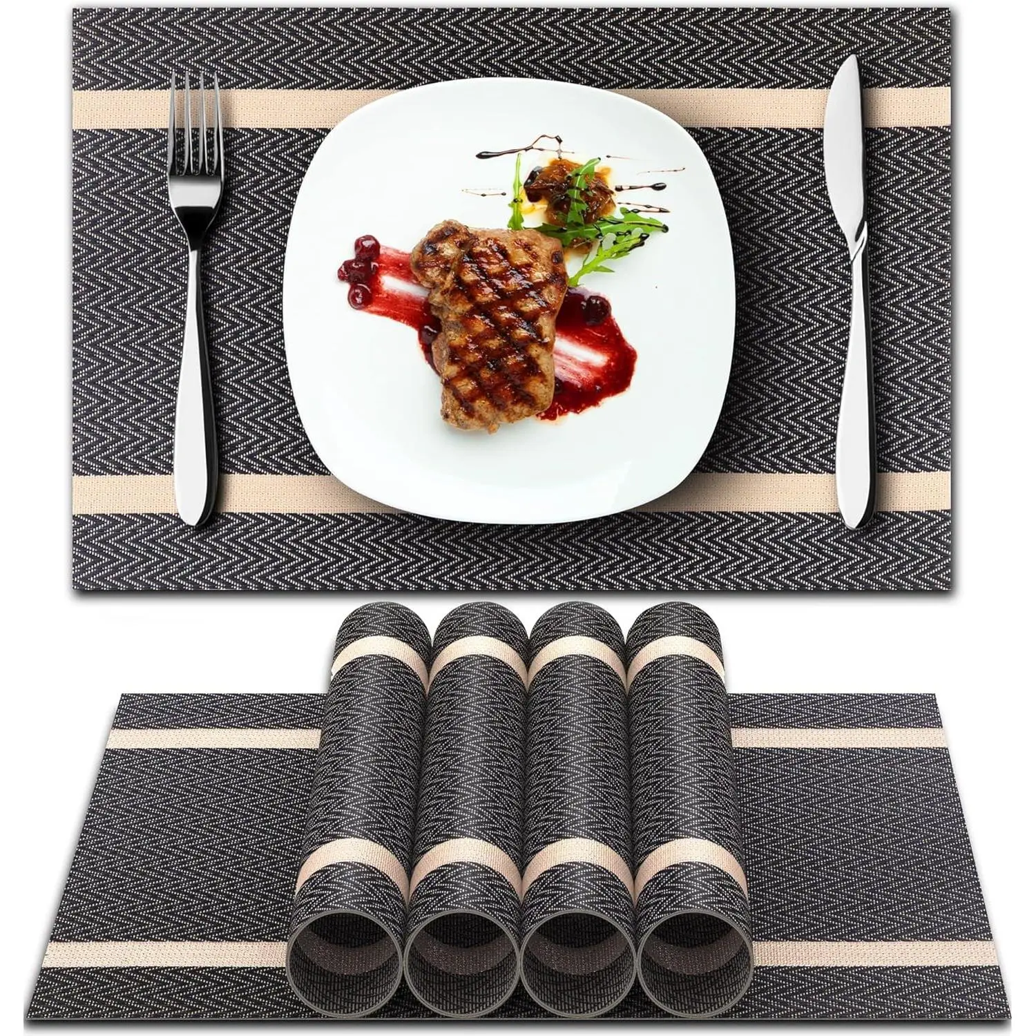 Placemats Set of 6, Heat Resistant Washable PVC Table Mats, Non-Slip Vinyl Woven Placemat for Dining Table, Easy to Clean Stain Resistant Kitchen Table Mats (18x12 Inch) - Beige+Brown