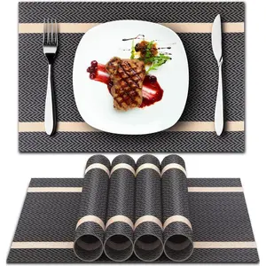 Placemats Set of 6, Heat Resistant Washable PVC Table Mats, Non-Slip Vinyl Woven Placemat for Dining Table, Easy to Clean Stain Resistant Kitchen Table Mats (18x12 Inch) - Beige+Brown