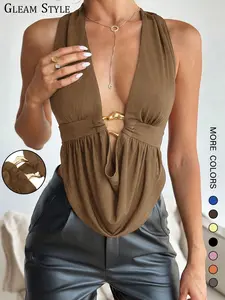 Women's Solid Color Halter Tank Top, Casual Fashion Plunge Neck Tight-fitting Sleeveless Top for Daily Outdoor Wear, Women Clothing for Summer, Halter Top