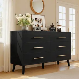 6 Drawer Dresser, Wood Chest Of Drawers With Metal Frame,Anti-Dumping Design, Storage Cabinet For  Bedroom, Living Room