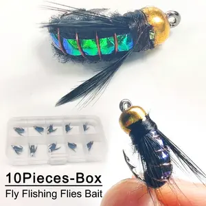 10Pcs-Fly Fishing Flies Black Hooks Humpy Flies Dry Flies Artificial Nymph Bait for Trout/Perch etc (with Flies Box)