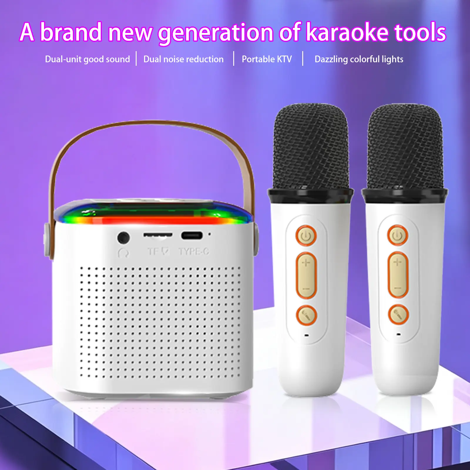 Mini Portable Bluetooth Karaoke Speaker with Dual Wireless Microphones, RGB Color Lights, Dual Noise Reduction, Type-C Charging, Handheld KTV Audio Machine for Home Camping Party