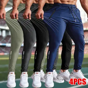 Men's 4-Piece Ice Nylon Quick-Dry Mid Waist Elastic Fitted Cut Long Pants with Hidden Zipper, Casual Sports Pants for Casual Wear, Outdoor Activities