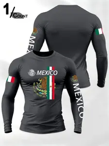 Men's Round Neck Long Sleeve T-Shirt, Mexican God Eagle Snake Letter Pattern Sportswear, Casual Fashion Daily Top, Comfortable Versatile Trend Piece, Sporty T Shirt, Casual Sports Tops