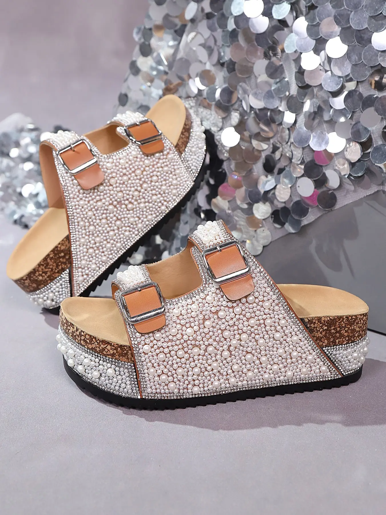 Dopamine Sequin Wedge Sandals, Summer New Arrival, Rhinestone Thick Sole Slippers, Soft Height-Boosting Outdoor One-Piece Beach Shoes
