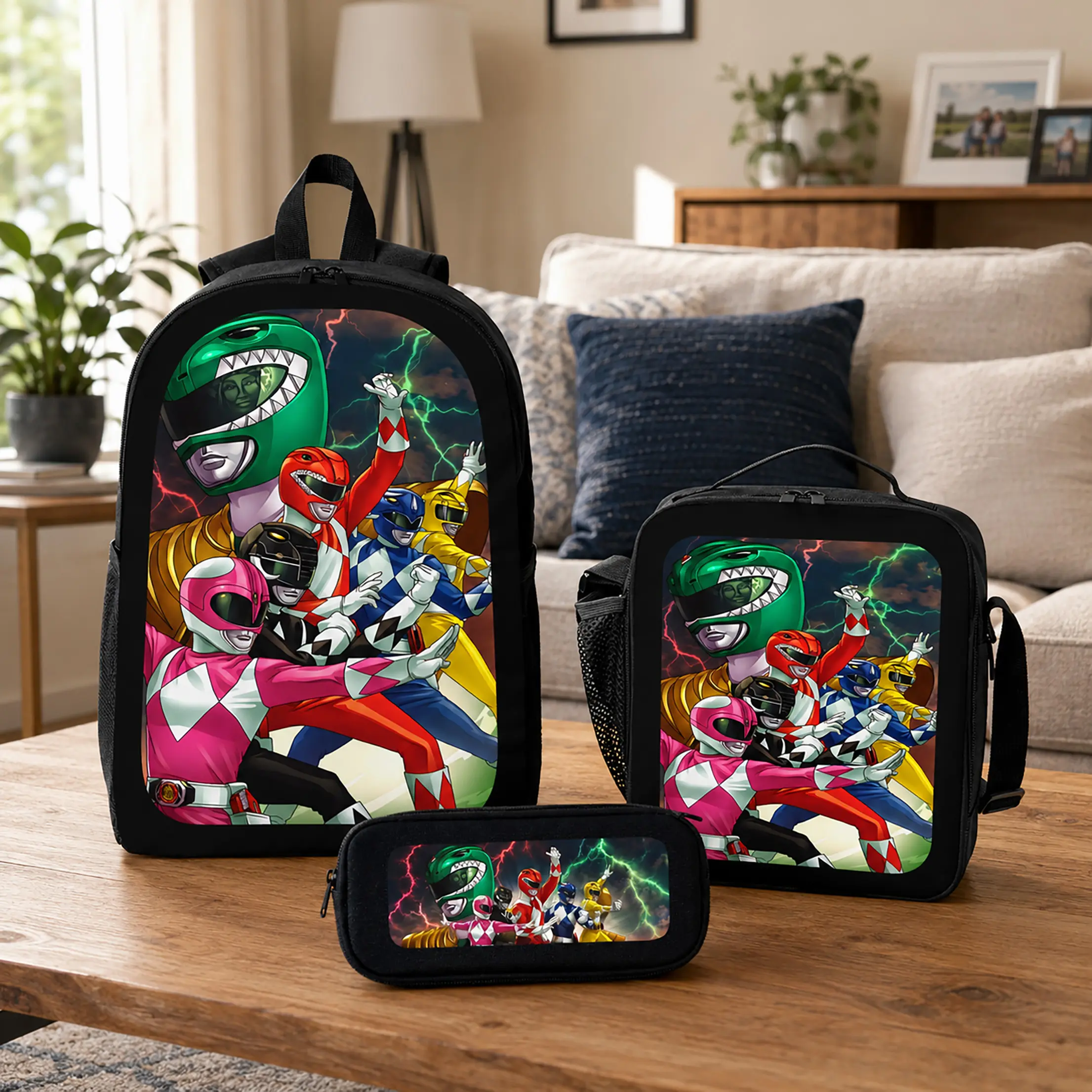 3-Piece Bold Power Ranger Polyester Backpack Set , Vibrant Anime Style Hero Graphic Travel Bag with Insulated Lunch Bag & Pencil Case, Back To School Haul, Swag Backpacks, Adjustable Straps, Action Artwork, Hero Fan Gift