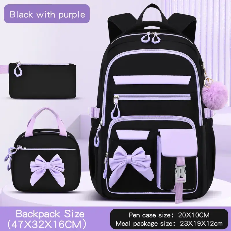 Girls' Trendy Black and Purple School Backpack with Waterproof Durable Fabric, Large Capacity Lightweight Casual Bag for Elementary and Middle School Students, Adjustable Shoulder Strap Bookbag for Back to School, Daily Campus Use and Travel Essentials