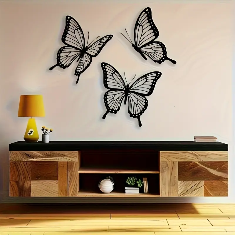 New 3-piece butterfly iron wall decor—artistic metal ornament with butterfly wings that cast shadows, suitable for living rooms and entryways，  aesthetic wall decor，  temp-tations outdoors，   garden decoration supply