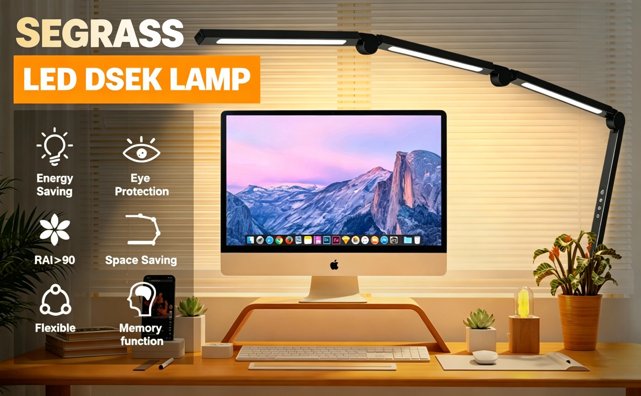 Segrass Bright LED Desk Lamp with Clamp,Eye Caring Architect Led Desk Lights with Adjustable Swing Arm for Office Home,Dimming and Tempering Led Table Light