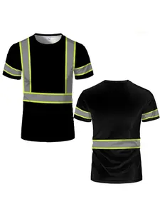 Simple striped safety work T-shirt summer casual short sleeved 3D printed round neck T-shirt top