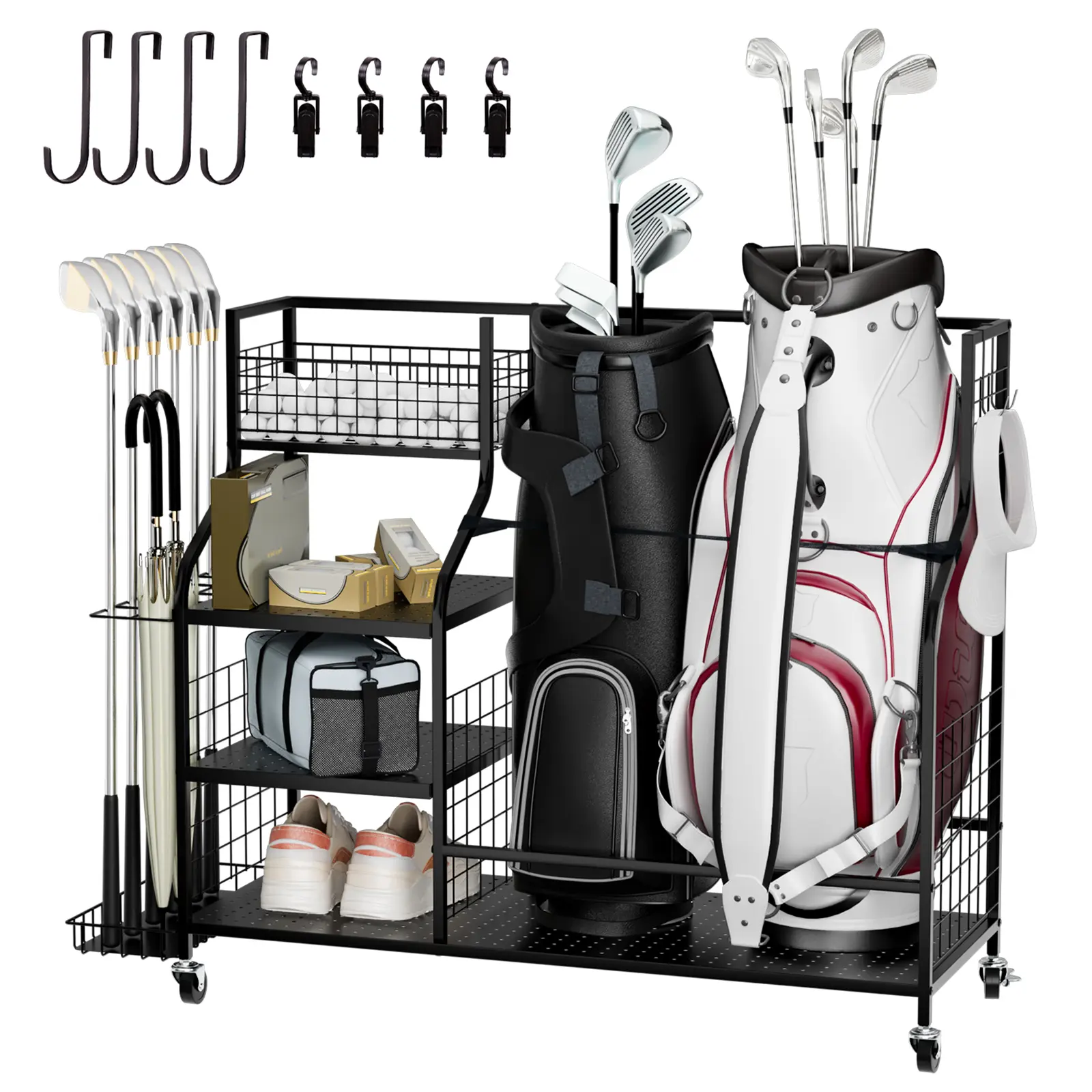Vantage Mounts Golf Storage Organizer for Garage, Extra Large Golf Bag Stand Holder for 2 Bags with Side Storage Pockets, Heavy Duty Golf Club Rack for Home Basement, Indoor Outdoor Sports Equipment Storage with Lockable Wheels & Shelves tiktokshopsp summ