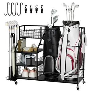 Vantage Mounts Golf Storage Organizer for Garage, Extra Large Golf Bag Stand Holder for 2 Bags with Side Storage Pockets, Heavy Duty Golf Club Rack for Home Basement, Indoor Outdoor Sports Equipment Storage with Lockable Wheels & Shelves tiktokshopsp summ