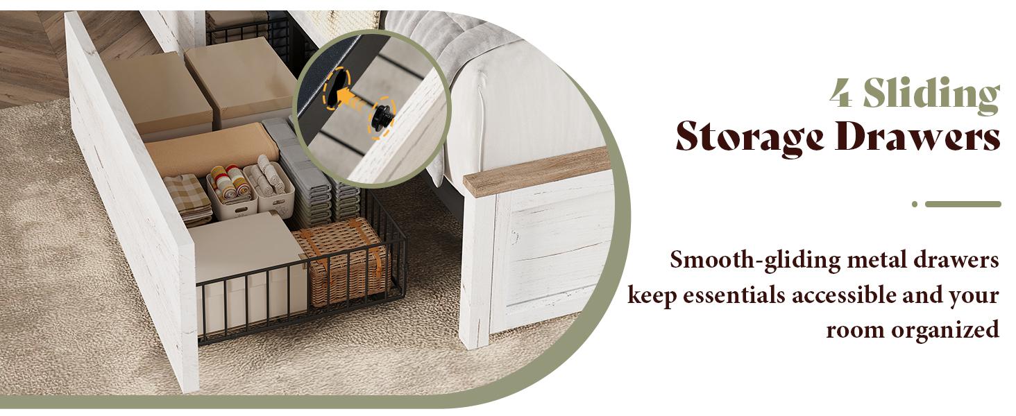 [Ships in 2 Boxes] VanAcc Bed Frame with Fireplace, Farmhouse Storage Platform Bed with 57" Headboard, Barn Door Cabinets, 4 Drawers & 2 Bedside Racks, RGB LED & Charging Station