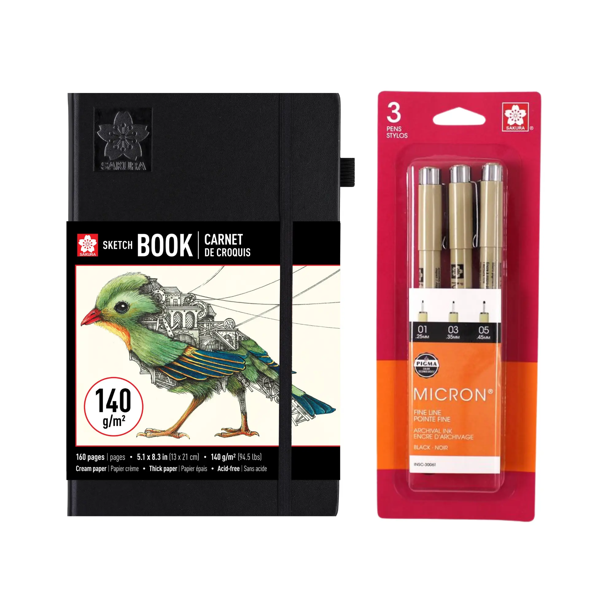 Sakura Drawing Sketchbook Bundle - A5 Sketchbook (Model 52424) + Micron Black 3-Pack (Model 30061)