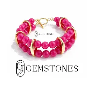Double Strand 8mm Natural Pink Agate Beaded Bracelet – 14K Gold Plated