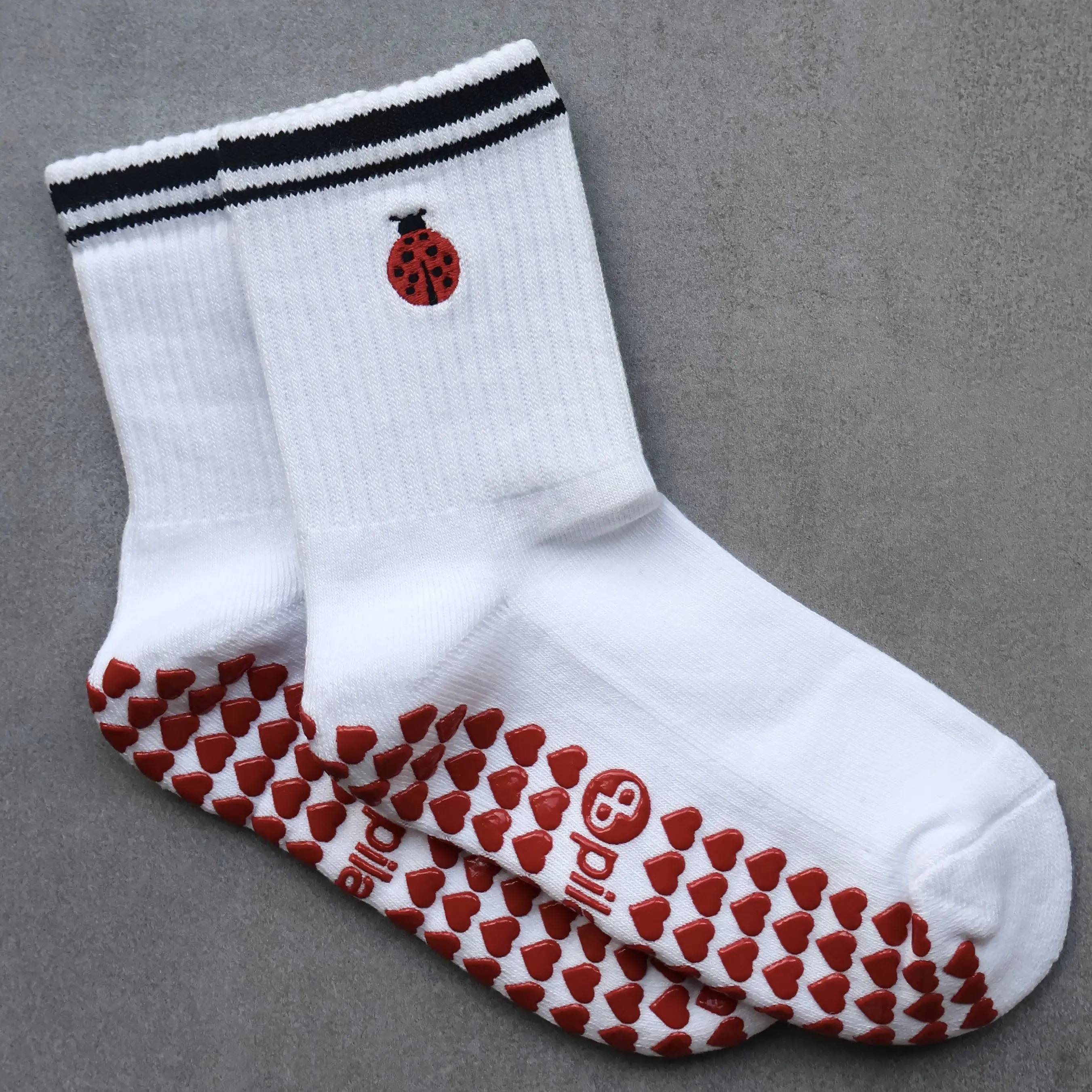 Women's Ladybug Grip Socks - Playful Embroidery, Breathable Cotton, Pilates Traction, Adults' Athletic Workout Socks