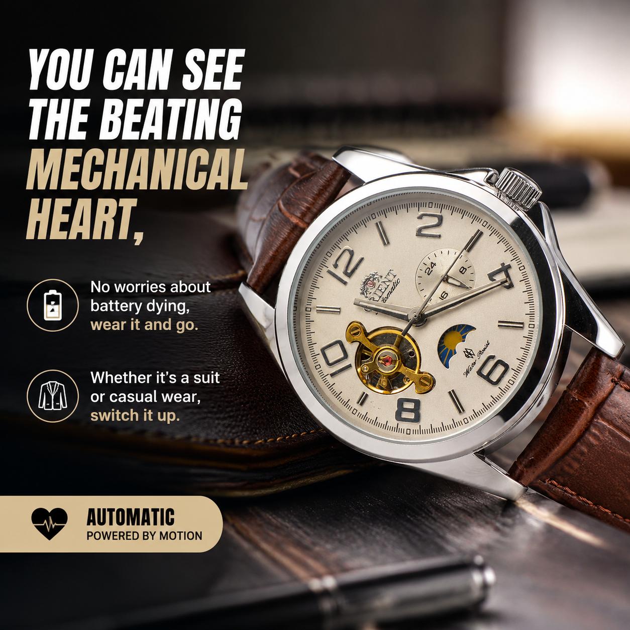 Orient Men Automatic Mechanical Watch, Open Heart Skeleton Dial, Moon Phase & 24-Hour Indicator, Stainless Steel & Leather Strap Options, Classic Business Casual Wristwatch, Luminous Numerals, Water Resistant Dress Watch for Men