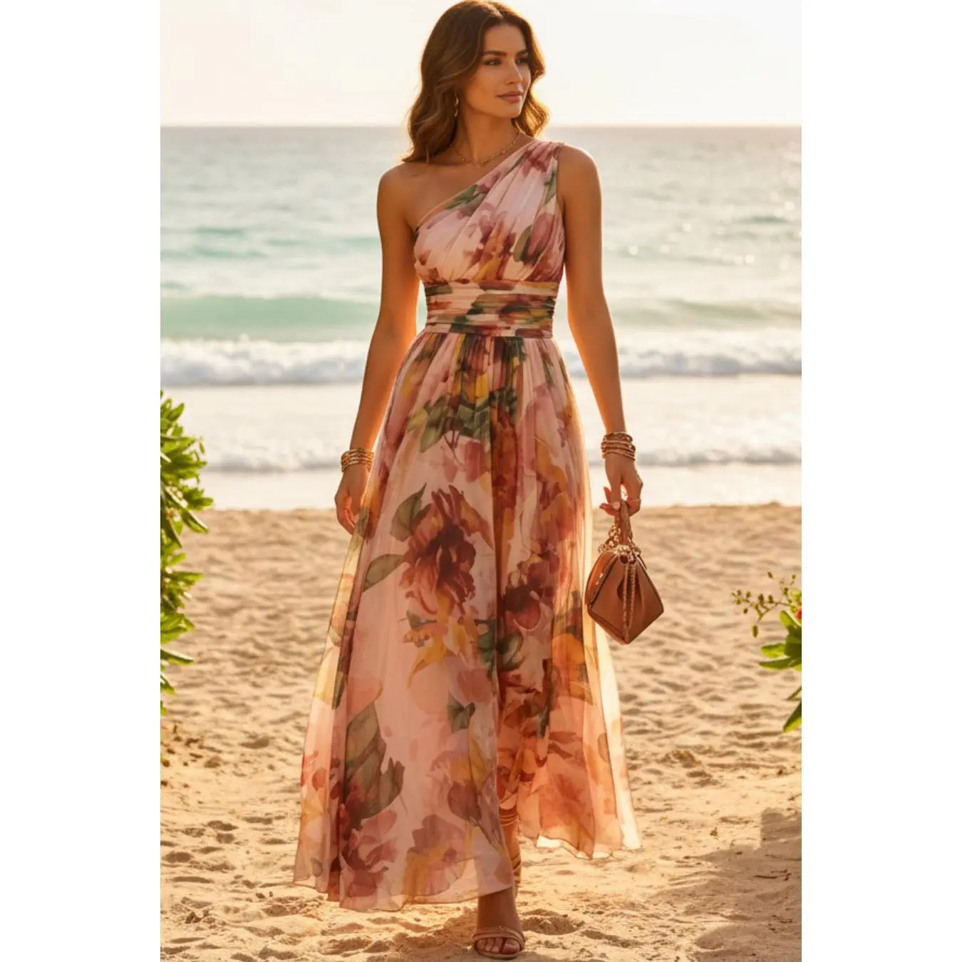 Floral One Shoulder Waist-Cinched Beach Maxi Dress