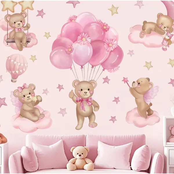 2-Sheet Waterproof PVC Vinyl Stickers - Pink Balloon Bear, Animal, Hot Air Balloon, Star, Cloud Peel-and-Stick Easy-Remove Wall Art Decals for Kids Girls Bedroom, Door, Thoughtful Gift Option, Decorative