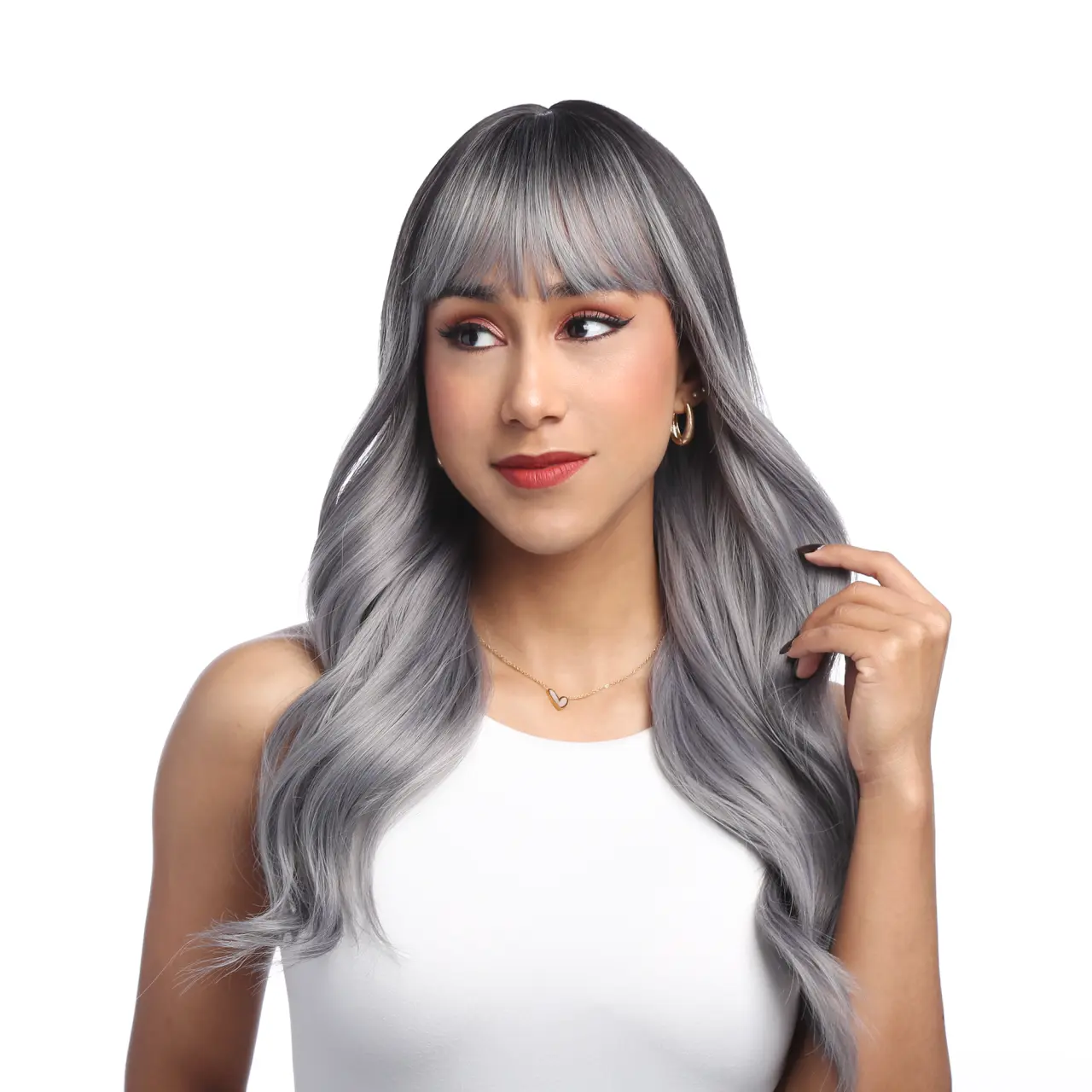 19-Inch Subtle Blue-tinted Smokey Silver Ombré (Black Roots) Gentle Wave Synthetic Wig | 【Heat Resistant】【Cap Included】 | #30 @13 41FSGB