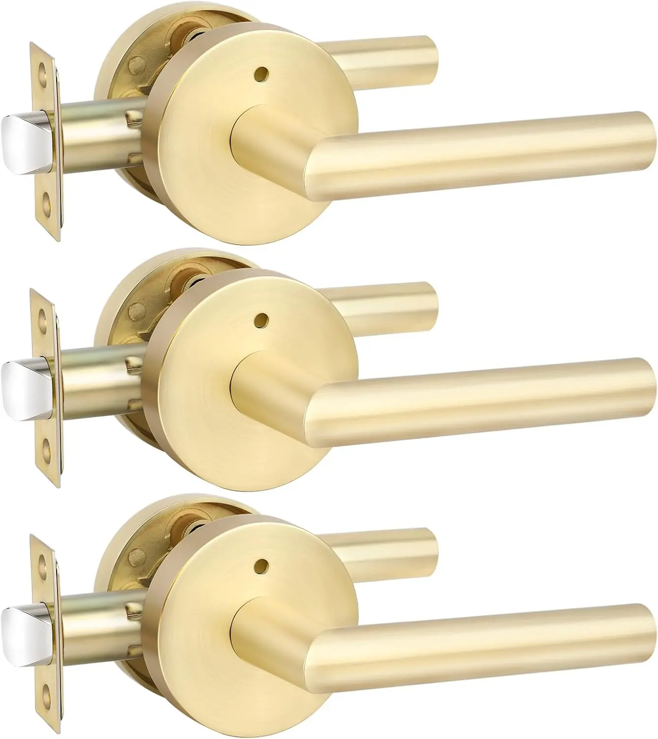 goldenwarm 3 Pack Gold Door Handle, Interior Door Handle, Brushed Gold Privacy Door Handle, Satin Brass Door Lever for Bedroom and Bathroom with Lock, Door Hardware, Easy Installation lock door