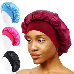 New Women's Satin Solid Wide-brimmed Sleeping Hat Unisex Head Wrap Elastic Band Cap Hair Care Bonnet Night Hat Bonnet