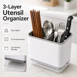 Three-Layer Kitchen Utensil Organizer, Grey Chopsticks Cage Spoon Fork Storage Holder and Chopstick Box Cutlery Drain Rack for Kitchen Countertop, Sink Area, Dining Table, Flatware, Knives and Daily Tableware Storage