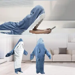 Cartoon Shark Sleep Bag Animal Onesie Flannel Shark Home Wear Blue, Comfortable All-In-One Pajamas for Kids & Adults